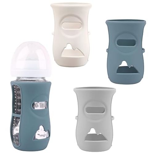 3 Pack Silicone Sleeves for Avent Natural Glass Baby Bottles, Anti Breakage Baby Bottle Holder, Compatible Philips Avent Glass Natural Baby Bottle 8 oz (Grey+Dark Blue+Apricot)