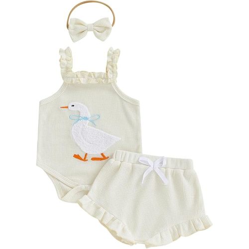 Newborn Baby Girl Clothes Cute Goose Outfit Infant Sleeveless Waffle Romper Tops Ruffle Shorts Summer Spring Set