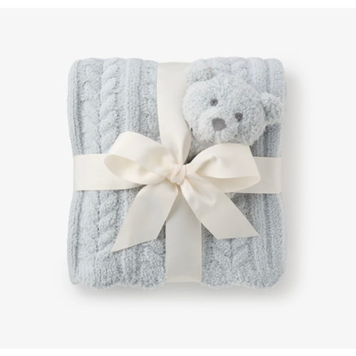 Pale Blue Cable Feather Knit Baby Blanket + Rattle Gift Set – Elegant Baby