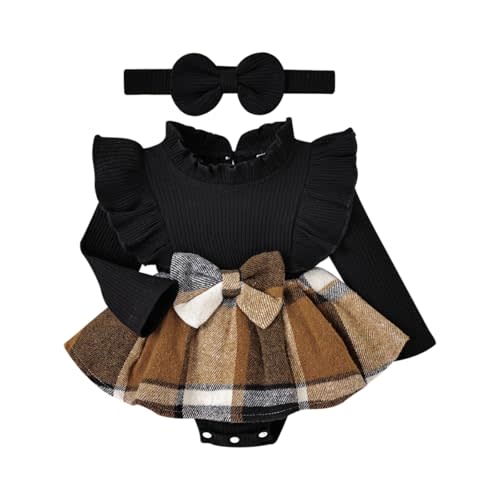 DOMOABEI Baby Girl Clothes Cute Plaid Romper Dress Ruffle Long Sleeve One-piece Jumpsuit Bodysuit with Bow Headband