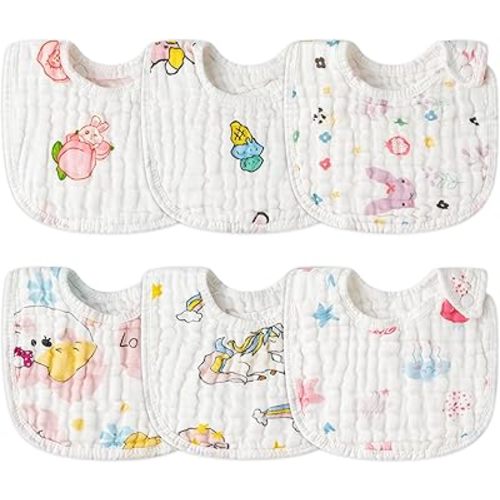 Zainpe 6Pcs Snap Muslin Cotton Baby Bibs Star Cat Rabbit Pattern Adjustable Feeding Bib Machine Washable Unisex Burp Cloths with 6 Absorbent & Soft Layers for Infant Toddler Newborn Eating Drooling
