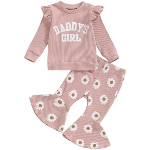 Baby Girl Clothes Toddler Fall Winter Outfits Rib Knit T-shirt Top Daisy Print Flare Pants 0 6 12 18 24 Month 3T 4T
