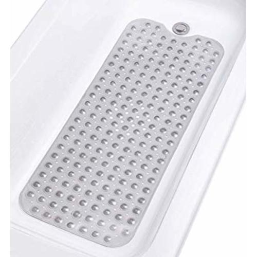 tike smart Extra-Long Non-Slip Bathtub Mat 39”x16” (for Smooth/Non-Textured Tubs Only) Safe, Clean, Anti-Bacterial, Machine-Washable, Superior Grip&Drainage, Vinyl Bath Mat, Transparent Gray (Grey) … - Twin XL