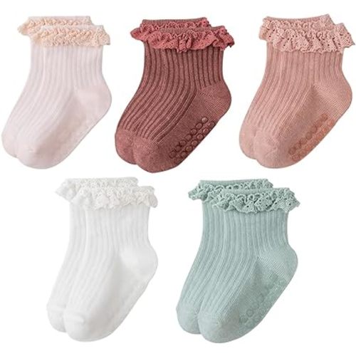 Meeshine Baby Toddler Girls Anti Slip Ruffle Socks with Grips Newborn Infant Cotton Non Skid Frilly Dress Socks, 5 Packs