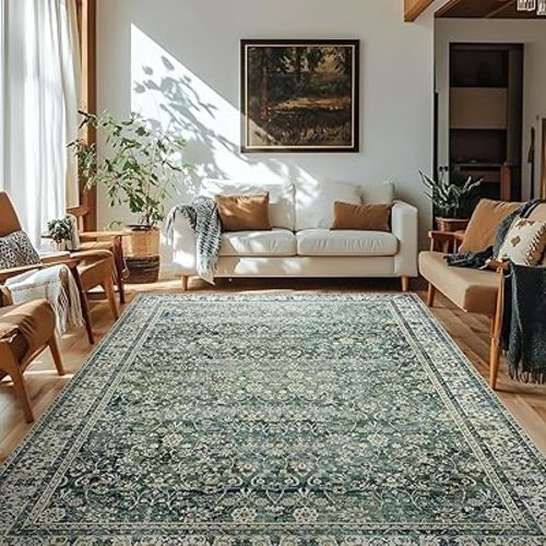 5x7 Area Rugs Washable Rugs for Living Room,Christmas Faux Wool Soft Moody Floral Boho Vintage Oriental Indoor Carpet Rug for Bedroom,5 by 7,Dark Emerald Green
