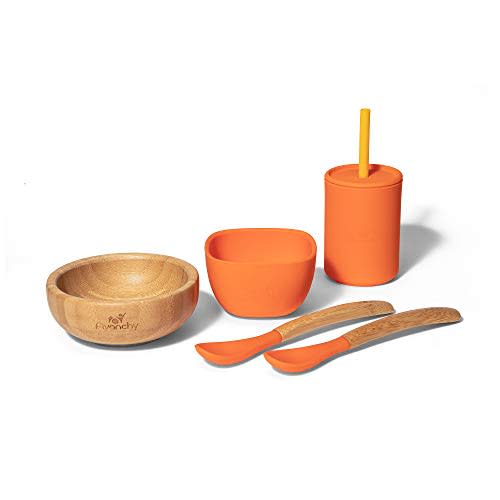 Avanchy Bamboo La Petite Family Collections Gift Set Orange - Includes Mini Bamboo Bowl, Silicone Bowl, Silicone Cup, and Bamboo Baby and Infant Spoons - Baby Food Set - Baby Shower Gifts