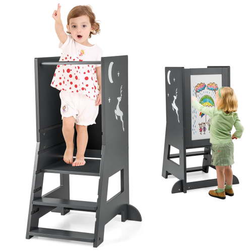 Costway Toddler Kitchen Stool Helper Baby Standing Tower with Chalkboard & Whiteboard Grey