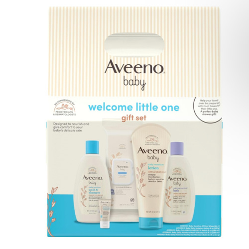 Aveeno Baby Welcome Little One Gift Set, Baby Skincare Set with Nourishing Baby Body Wash & Shampoo, Calming Bath Wash, All Over Baby Wipes, Daily Moisturizing Lotion, & Baby Balm, 5 Items