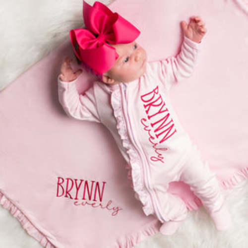 Personalized Baby Girl Ruffle Sleeper Set with Big Bow Headband - Ligh – Junie Grace
