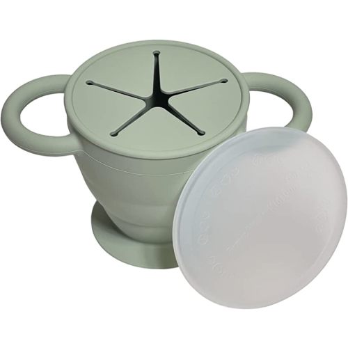 BraveJusticeKidsCo. | Snack Attack II Snack Cup | Collapsible Silicone Snack Container | Toddler and Baby Snack Catcher Lid (Desert Sage)