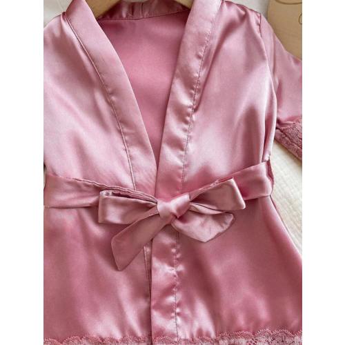 Newborn Baby Girl Simple Pink Lace Trim Short Sleeve Tie Waist Woven Robe | SHEIN USA
