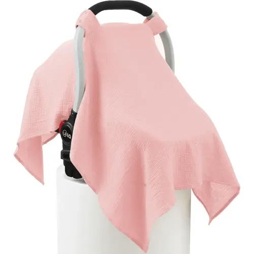 100% Muslin Cotton Car Seat Cover Baby, Carseat Canopy Cover, Universal Fit Stroller Covers for Boys and Girls (Pink)