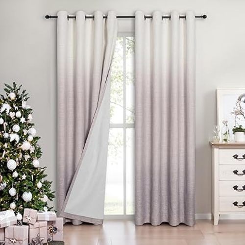 Ombre Full Blackout Window Curtain Panels Thermal Insulated Noise Reduction Rustic Farmhouse Bedroom Drapes Heavy Linen Texture Window Treatment Set Gradient Print Cream White to Lavender, 50"x63"x2