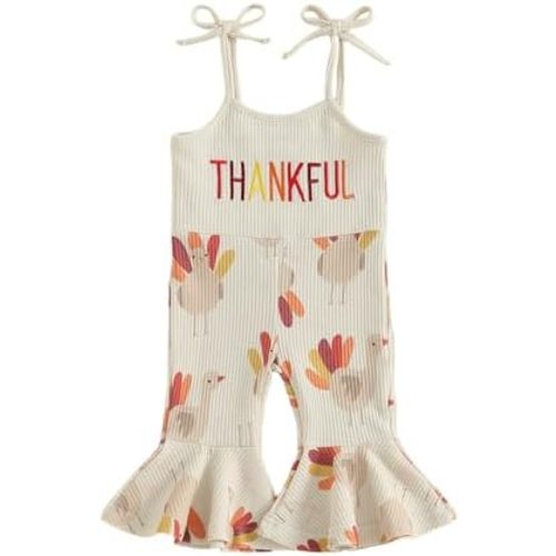 Toddler Baby Girl Thanksgiving Outfit Turkey Jumpsuit Spaghetti Strap Gobble Romper Bell Bottoms Outfits