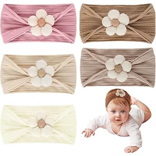 5 Pcs Baby Flower Headbands, Soft Nylon Baby Girl Headbands Flower Hair Accessories for Newborns Infant Toddler