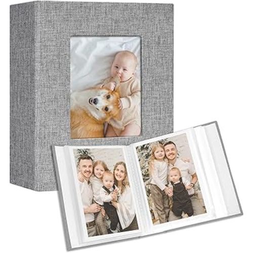 Vienrose Small Photo Album 4x6 holds 100 Photos 2 Pack, Mini Baby Photo Album Linen Cover for Gifts Wedding Family, Grey