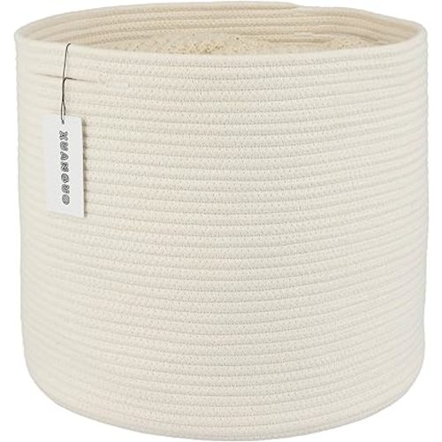 Cotton Rope Basket For Girls Boys Kids 16”X14” Baby Laundry Basket Nursery Bin Round Woven Basket Organizer For Storage Toys Blankets Shoes Clothes white