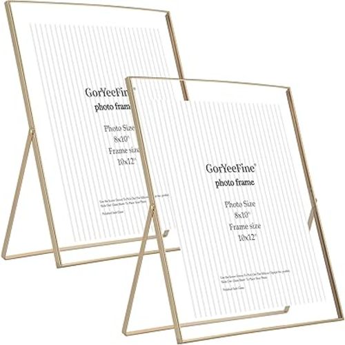 Gold 10x12'' Floating Frame 2pack For Photo Sizes(8.5x11'',8x10'',7x9''),Beautiful Metal Beaded Edge 8x10'' floating picture Frames, Adjustable Tabletop/Shelf Photo Frame
