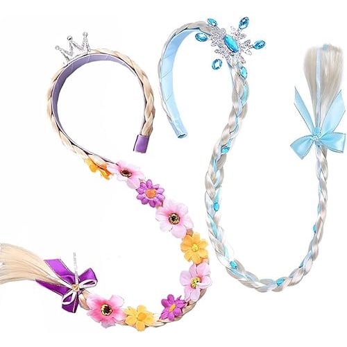 2Pcs Long Braided Wigs Princess Hairpiece Wig Braid Girls Cosplay Headband Hair Dess up Accessories for Girls Toddler