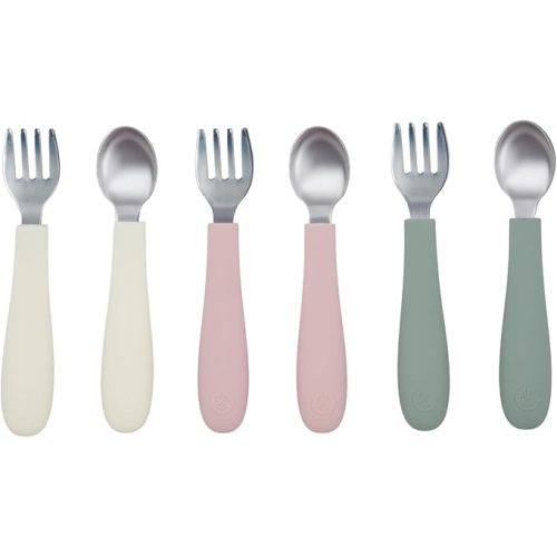 WeeSprout Toddler Utensils, 3 Forks & 3 Spoons, 18/8 Stainless Steel & Food Grade Silicone, Thick Easy-Grip Handles, Perfect Length For New Self Feeders, Gentle On Gums & Teeth, Dishwasher Safe