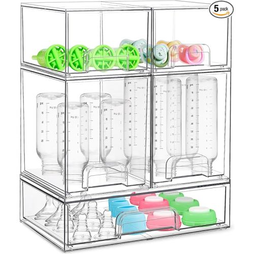 Baby Bottle Organizer for Countertop Food-grade Acrylic Storage for Cabinet | Set of 5 Clear Stackable Organizers with Drawers for Bottles, Plastic Baby Station Organization for Pacifiers, Pump Parts