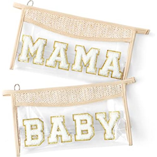 2 Pieces Boho Patch MAMA and Baby Bag Set, Clear Varsity Letter Bag Cosmetic Bag beige Baby Diaper Bag Organizer Makeup Bag New Mom and Expecting Moms Gifts Baby Reveal Gift Mothers Day Gift