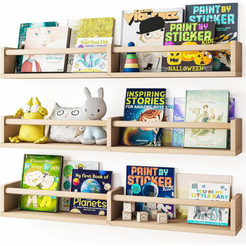 Fairy Nursery Bookshelves, 32in Floating Bookshelves for Wall Set of 3, Wood Wall Mounted Book Shelves for Baby Nursery Decor, Toys and Decor Storage (Natural Wood)