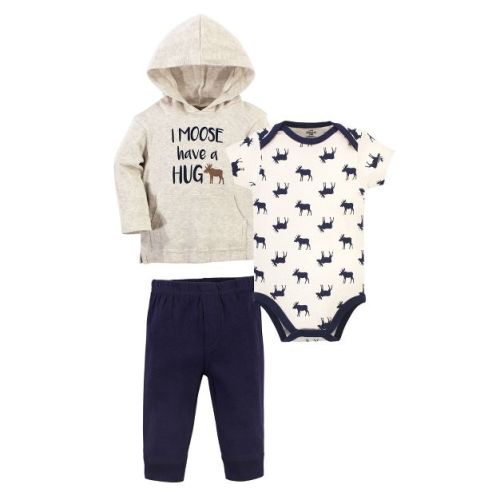 Little Treasure Baby and Toddler Girl Hoodie, Bodysuit or Tee Top, and Pant Set, Moose Hug Baby, 3-6 Months