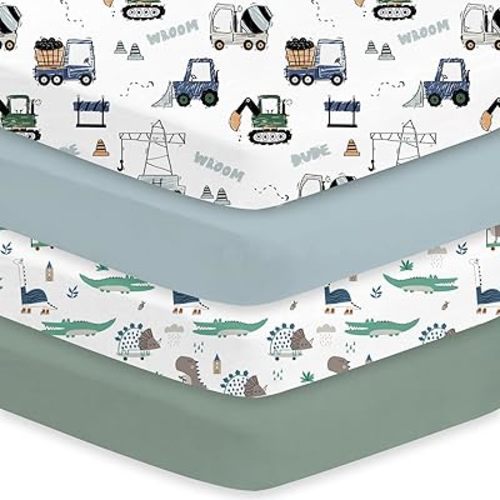 Little Grape Land Crib Sheets 4 Pack for Boys and Girls, Baby Neutral Crib Fitted Sheets for Standard Crib & Toddler Mattress, Super Soft Breathable Fitted Crib Sheet Set, Truck & Alligator