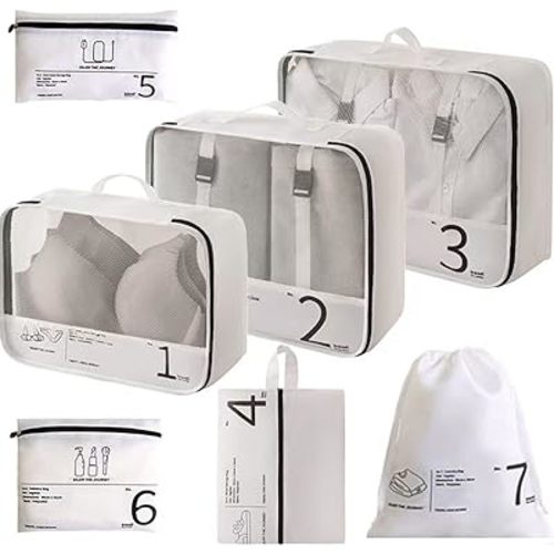 7 Set Packing Cubes for Suitcases Travel Luggage Packing Organizers,Travel Accessories Essentials Luggage Organizer for Shoe/Tioletry/Laundry Bag (White)