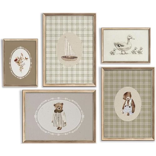 Vintage Nursery Wall Art Kids Room Canvas Wall Decor Animal Pictures Cute Duck and Woodland Bear Posters Neutral Floral and Sailboat Painting Print Artwork for Baby Boy Girl Room Playroom, Unframed