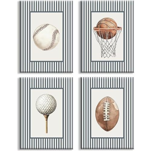 Nursery Sports Wall Art Toddler Boys Room Canvas Wall Decor Vintage Sports Prints Baseball Football Picture Golf Basketball Poster Painting Artwork for Kids Playroom Bedroom 8x10 In Framed Set of 4