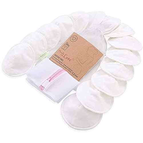 Organic Bamboo Nursing Breast Pads - 14 Washable Pads + Wash Bag - Breastfeeding Nipple Pads for Maternity - Reusable Breast Pads for Breastfeeding (Soft White, Large 4.8")
