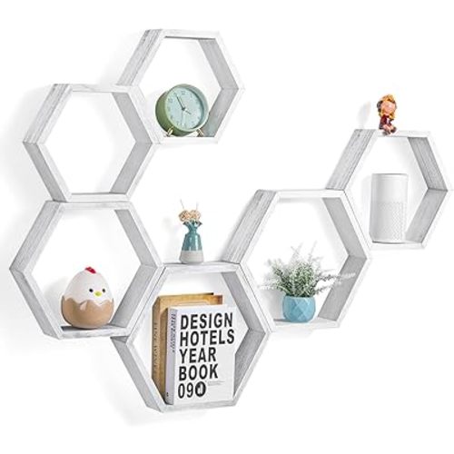 YBING Hexagon Floating Shelves Wall Mounted Set of 6 Honeycomb Shelves Wood Hexagonal Storage Hanging Shelves Farmhouse Wall Decor Floating Shelves for Bedroom Living Room Grey-White