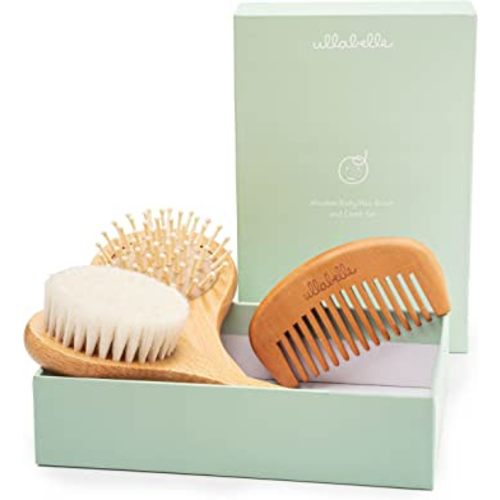 3 Piece Wooden Baby Hair Brush and Comb Set for Newborns & Toddlers in Chic Gift Box - Ultra Soft Natural Goat Hair and Wood Baby Brush Set Prevents Cradle Cap - Perfect Registry Gift (Sage)