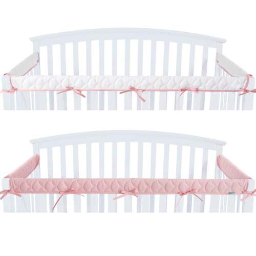 3 Pieces Quilted Crib Rail Cover - Protector Safe Teething Guard Wrap, Reversible, Fit Side and Front Rails, Pink & White