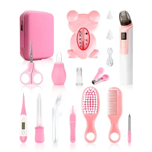 Baby Grooming and Healthcare Kits with Baby Nasal Aspirator, 17 in 1 Portable Baby Safety Care Set with Hair Brush Comb Nail Clipper for Newborn Infant Girl Boys(Pink)