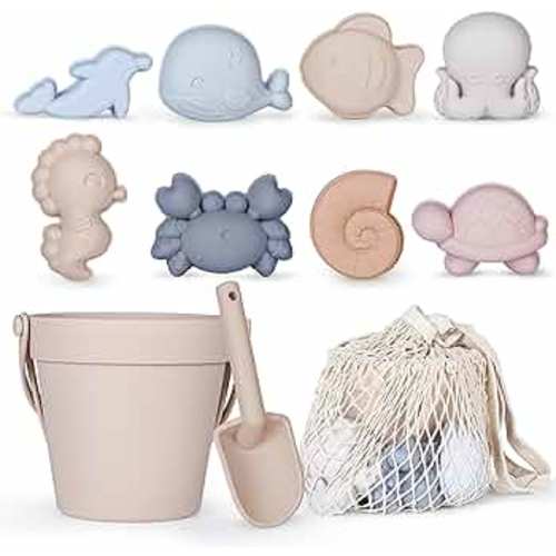 MarcZero 11Pcs Silicone Beach Toys,Modern Baby Beach Toys,Travel Friendly Beach Set,Eco Friendly Toy,Silicone Bucket, Shovel, 8 Sand Molds, Beach Bag,Silicone Sand Toys for Toddlers, Kids (Begie)