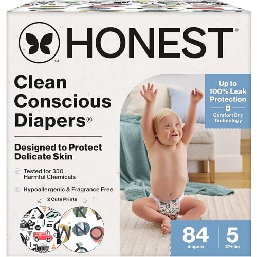 The Honest Company Clean Conscious Diapers for Delicate Skin | Up to 100% Leakproof | Hypoallergenic, Fragrance Free | Gender Neutral | Super Club Box, Size 5 (27+ lbs), 84 Count (Prints May Vary)