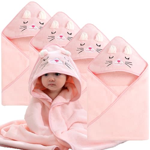 kmilro Baby Hooded Towel, 4-Pack Baby Essentials Baby Towels for Boy and Girl with 31.5x31.5 inch and 4 Different Designs, Soft Absorbent Baby Bath Essential Bath Towel (Pink Cat)