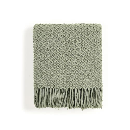 CREVENT Farmhouse Boho Knitted Throw Blanket for Couch Sofa Chair Bed Home Decoration, Soft Warm Cozy Light Weight for Spring Summer Fall (50''X60'' Sage Green)