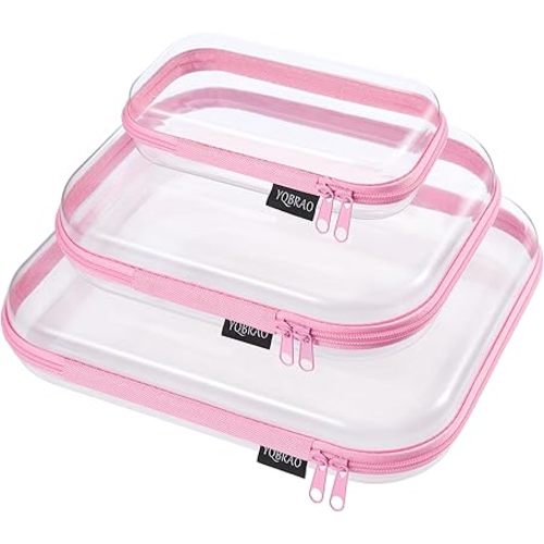 YQBRAO 3-Pack Clear Hard Shell Zipper Case Pink, 1.2mm Heavy-Duty Crush-Proof Travel Makeup Bag, Multi-Size (L+M+S) Diaper Bag Organizer Pouches, Rigid Clear Zipper Pouches for Tech, Toys & Home
