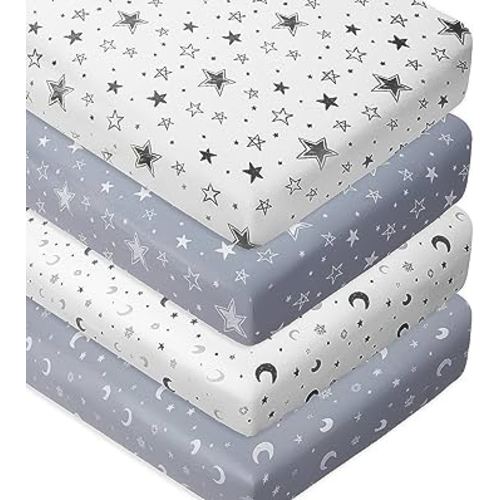 4 Pack Star and Moon Neutral Unisex Fitted Baby Sheets Set for Baby Boys or Girls (Crib Sheets)