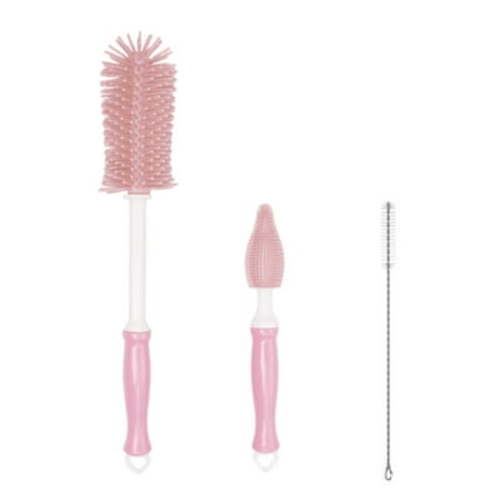 Silicone Bottle Cleaning Brush,Baby Travel Essential Bottle Brush Set, 3 in 1 Silicone Brush, Nipple Brush, Straw Brush, Pink