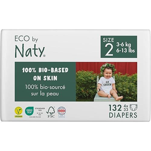 Eco by Naty Eco-Friendly Baby Diapers Newborn - 100% Plant-Based Materials on Skin, Extra Soft, for Sensitive Skin & Super Absorbent (Size 2, 132 Count)