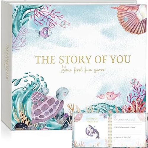 Baby Book Ocean Theme includes 3 small bags to store important items, exclusive under the sea design, Baby Books from Birth, comes in a matching box to keep your Baby Book Keepsake safe