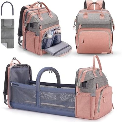 DERJUNSTAR Baby Diaper Bag Backpack with ChangingStation-Large Capacity Baby Bag for Boys & Girls, USBCharging Port, Pacifier Case, sunshade & Toy Bar,Waterproof, Baby Pink