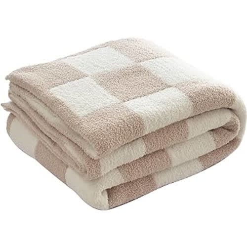 Ultra Soft Cozy Checkered Knitted Throw Blanket Fluffy Microfiber Checkerboard Bed Blanket Lightweight Both Sides Blanket for Couch Sofa Bed (Cream, Baby 30"x40")
