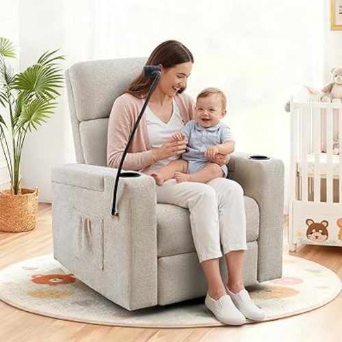 Power Swivel Glider Rocking Chair Nursery, Skin-Friendly Premium Chenille Electric Glider Rocker Recliner Chair with Armrest Storage, USB A&C Ports, Cup Holder, Phone Holder, Chenille Beige