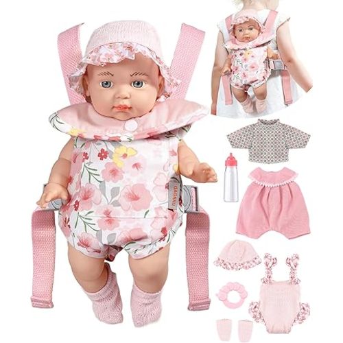 12" Baby Doll Carrier Set for Little Girls Baby Dolls Included Doll Carrier, Bottles,Nipple,Teether,Socks,Hat,Clothes Set First Baby Dolls for Age 3+ Baby Toddlers and Up Girls Chirstmas Gift